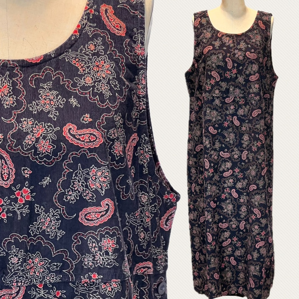 VINTAGE 90s moody paisley dress sleeveless jumper fine wale corduroy cotton